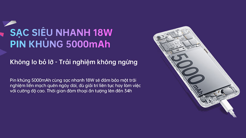 Dung lượng pin khủng, công nghệ sạc nhanh 18W